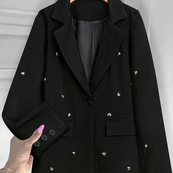 Black Elegant Women's Heart Decor Single Button Casual Long Sleeve Blazer - Picture 7 of 7